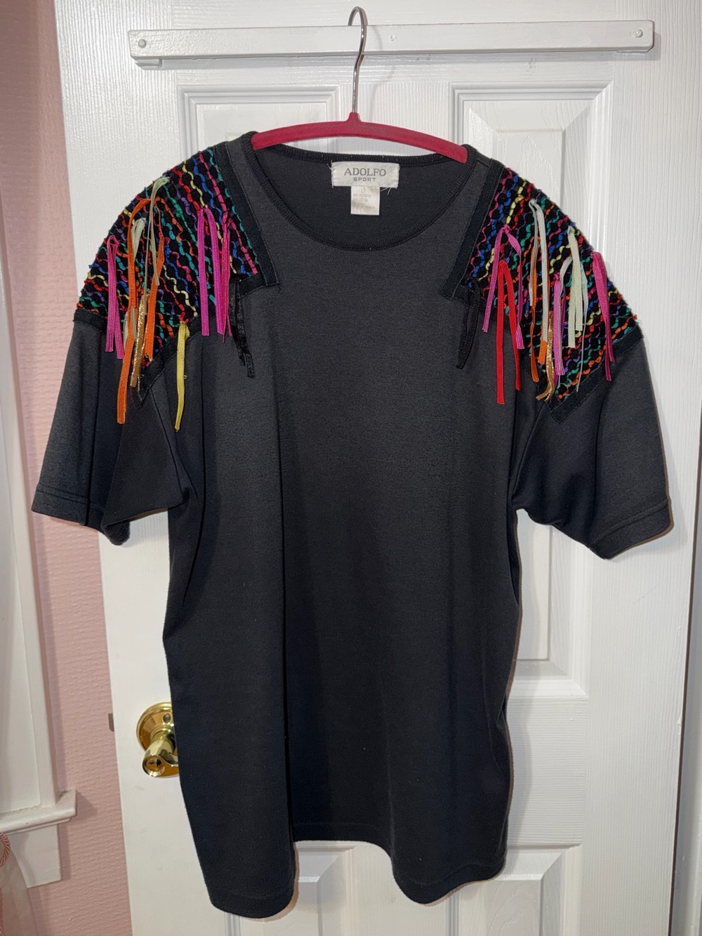 VINTAGE black/dark gray top colorful fringes/ribbons on shouldersLarge STUNNING🎉